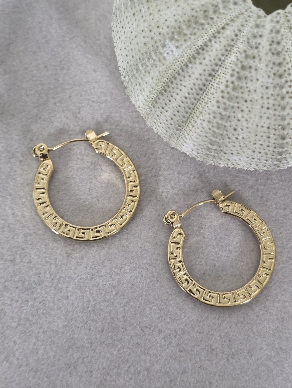 Gold Stainless Steel Small Hoop Earrings Greek Key Design